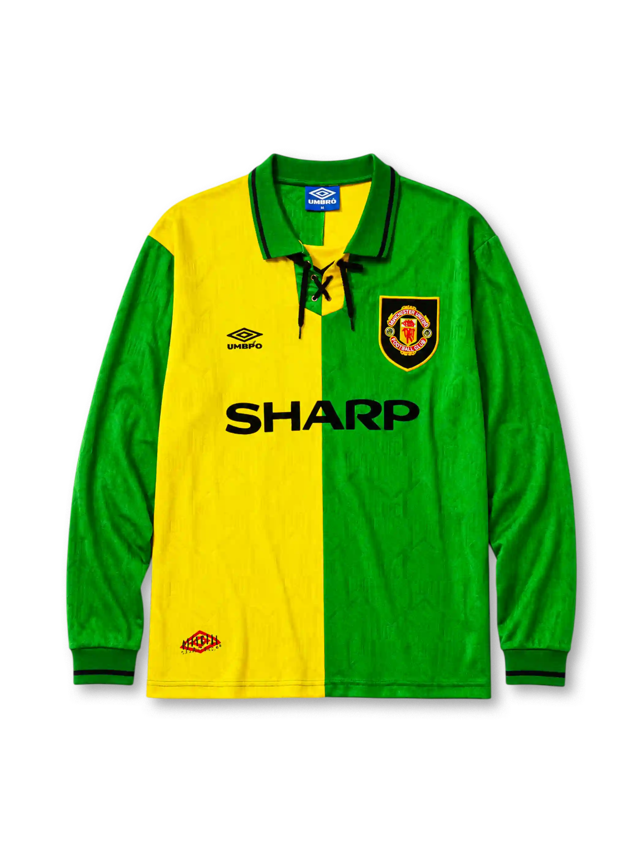 Manchester United 1992-94 Newton Heath third jersey in split green and gold with lace-up collar