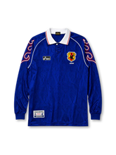 Japan 1998 World Cup home long sleeve jersey in blue with swirling red and white sleeve piping