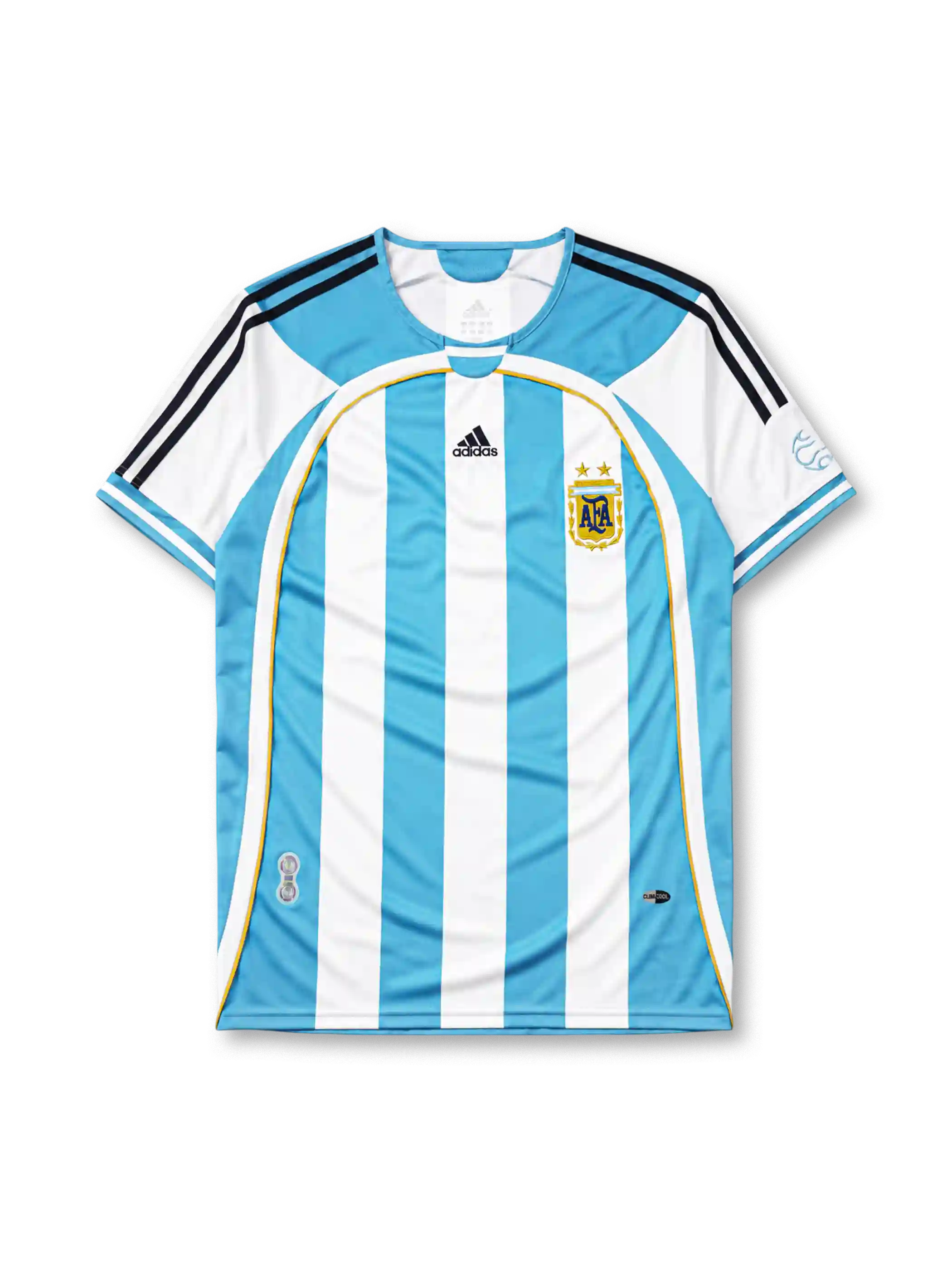 Argentina 2006 World Cup home jersey in sky blue and white stripes with gold piping and AFA crest