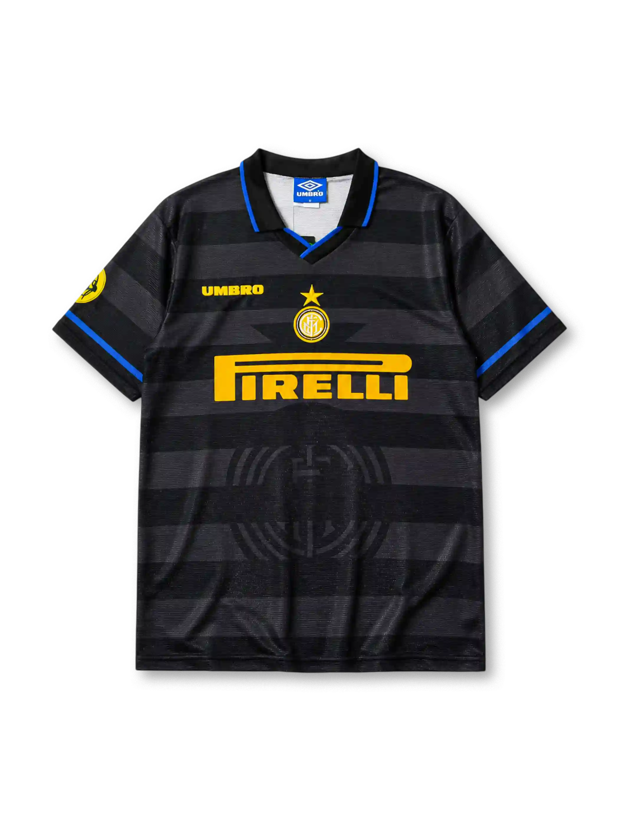 Inter Milan 1997/98 third jersey in all-black tonal hooped design with Pirelli sponsor branding