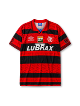 Flamengo 1995 home jersey in red and black stripes with repeated wordmark pattern and Lubrax branding