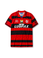 Flamengo 1995 home jersey in red and black stripes with repeated wordmark pattern and Lubrax branding