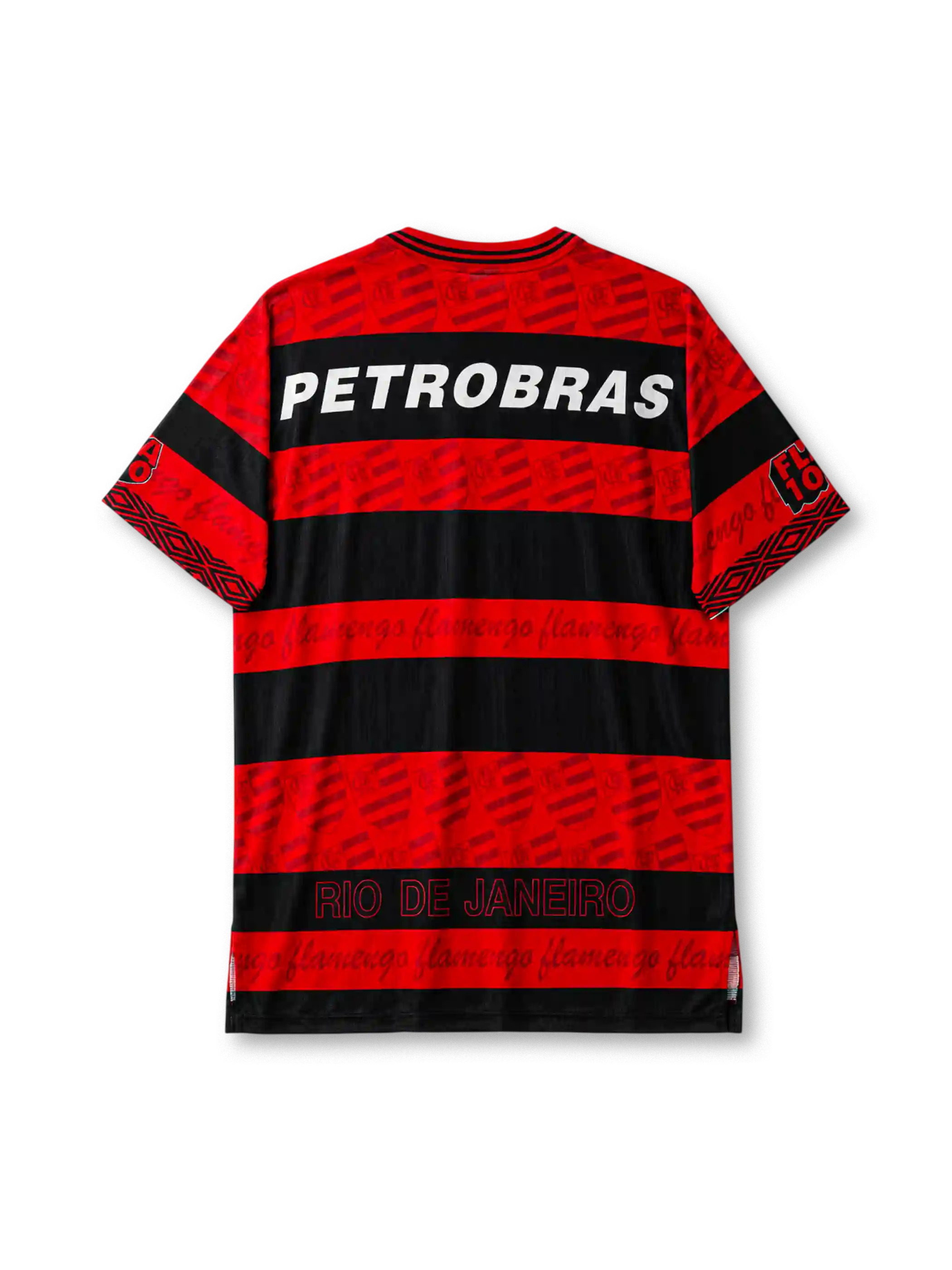 Flamengo 1995 home jersey in red and black stripes with repeated wordmark pattern and Lubrax branding