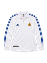 Real Madrid 2001/02 white adidas home long sleeve jersey with polo collar and blue sleeve stripes