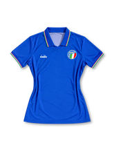 Italy 1990 blue Diadora home jersey with tricolour-tipped polo collar