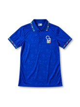 Italy 1994 blue home jersey with tonal crest pattern and tricolour collar trim