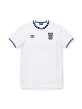 England 2000 home jersey, front view, white with navy and white ribbed crew neck and cuffs, navy Umbro logo, Three Lions crest, textured side panels
