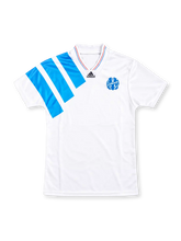 Marseille 1992-93 home jersey, front view, white with three sky blue diagonal shoulder stripes, V-neck with red and blue trim, black adidas logo, blue OM crest