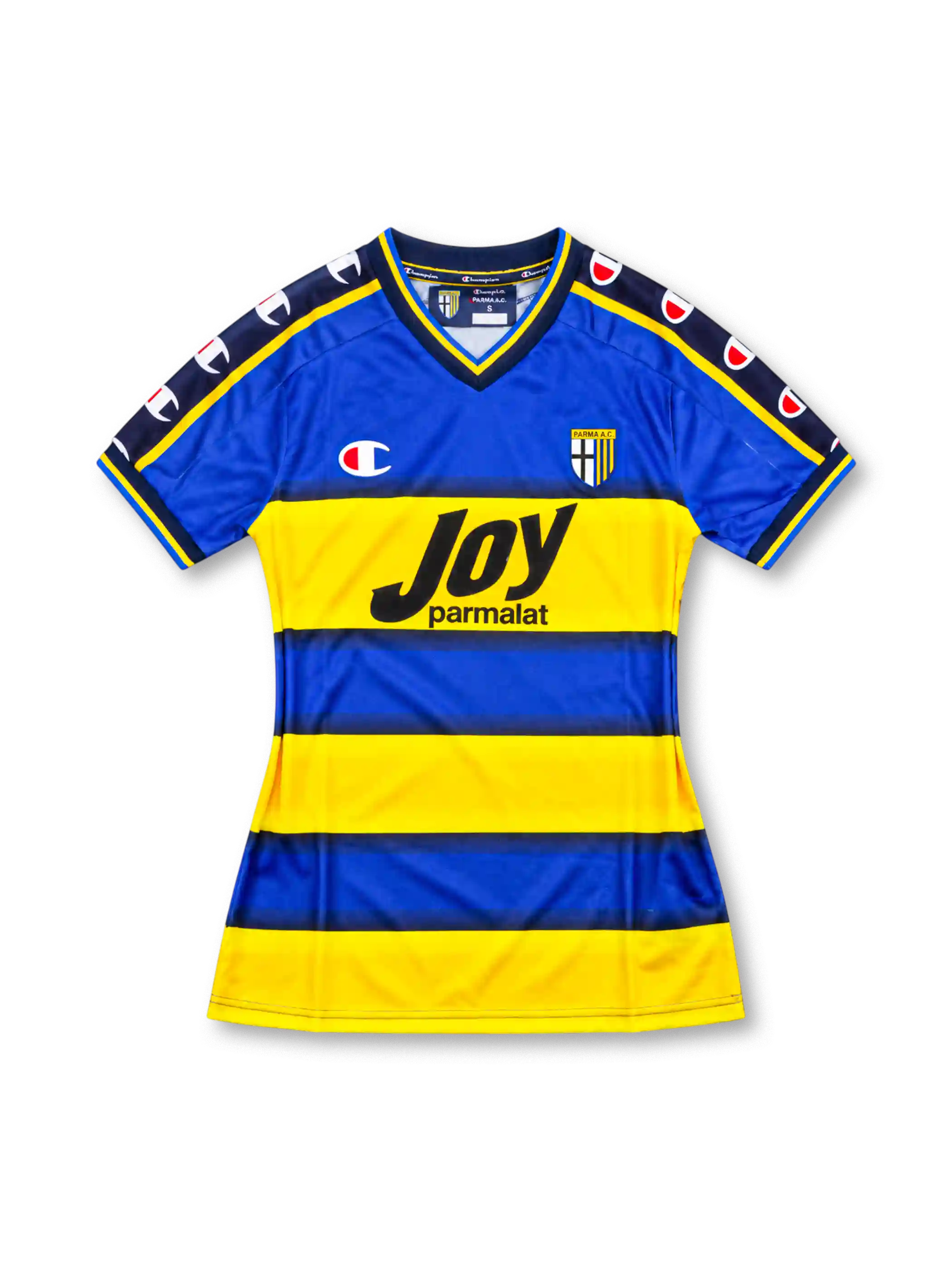 Parma 2001-02 home jersey, front view, blue and yellow horizontal hoops, navy V-neck, navy shoulder tape with Champion logos, Parma crest, black Joy Parmalat sponsor