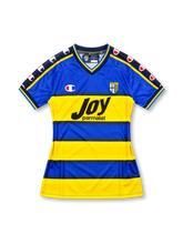 Parma 2001-02 home jersey, front view, blue and yellow horizontal hoops, navy V-neck, navy shoulder tape with Champion logos, Parma crest, black Joy Parmalat sponsor