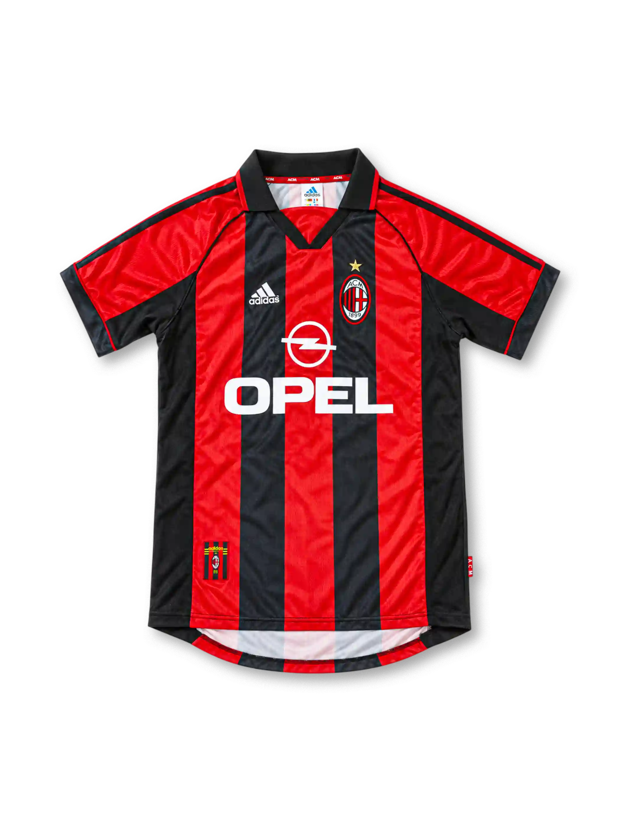 AC Milan 1998/00 home jersey featuring red and black vertical stripes, adidas logo, white Opel sponsor, and club crest, front view.