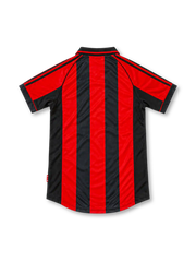 AC Milan 1998/00 home jersey featuring red and black vertical stripes, adidas logo, white Opel sponsor, and club crest, front view.