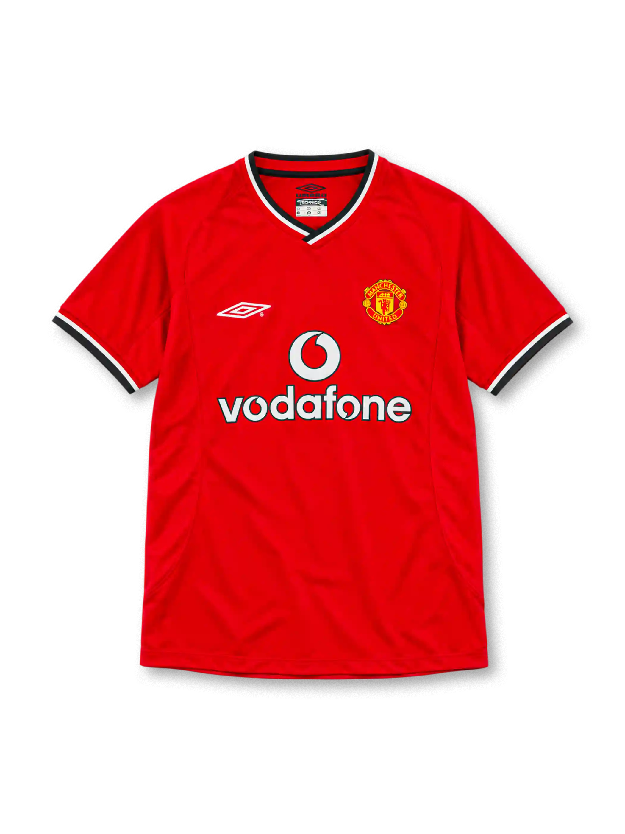 Manchester United 2000/02 red home jersey with Umbro logo, Vodafone sponsor, club crest, and black-and-white V-neck trim, front view.