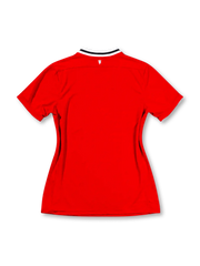 Manchester United 2011/12 red home jersey featuring Nike Swoosh, white Aon sponsor, club crest, and black-and-white striped collar, front view.
