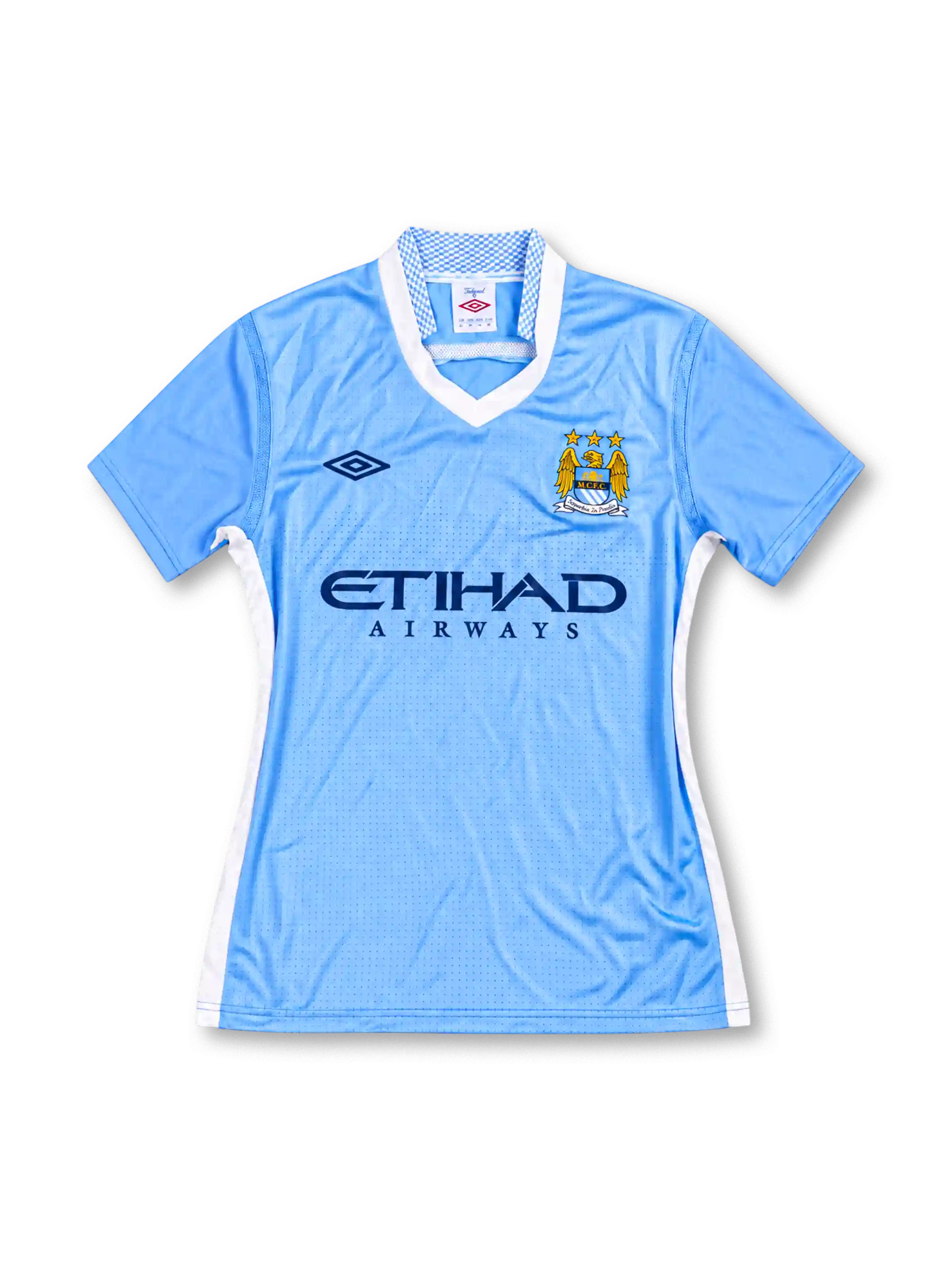 Manchester City 2011/12 sky-blue home jersey with white V-neck collar, Umbro logo, Etihad Airways sponsor, and club crest, front view.