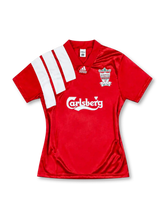 Liverpool 1992/93 red home jersey featuring three white adidas Equipment shoulder stripes, Carlsberg sponsor, and centenary club crest, front view.