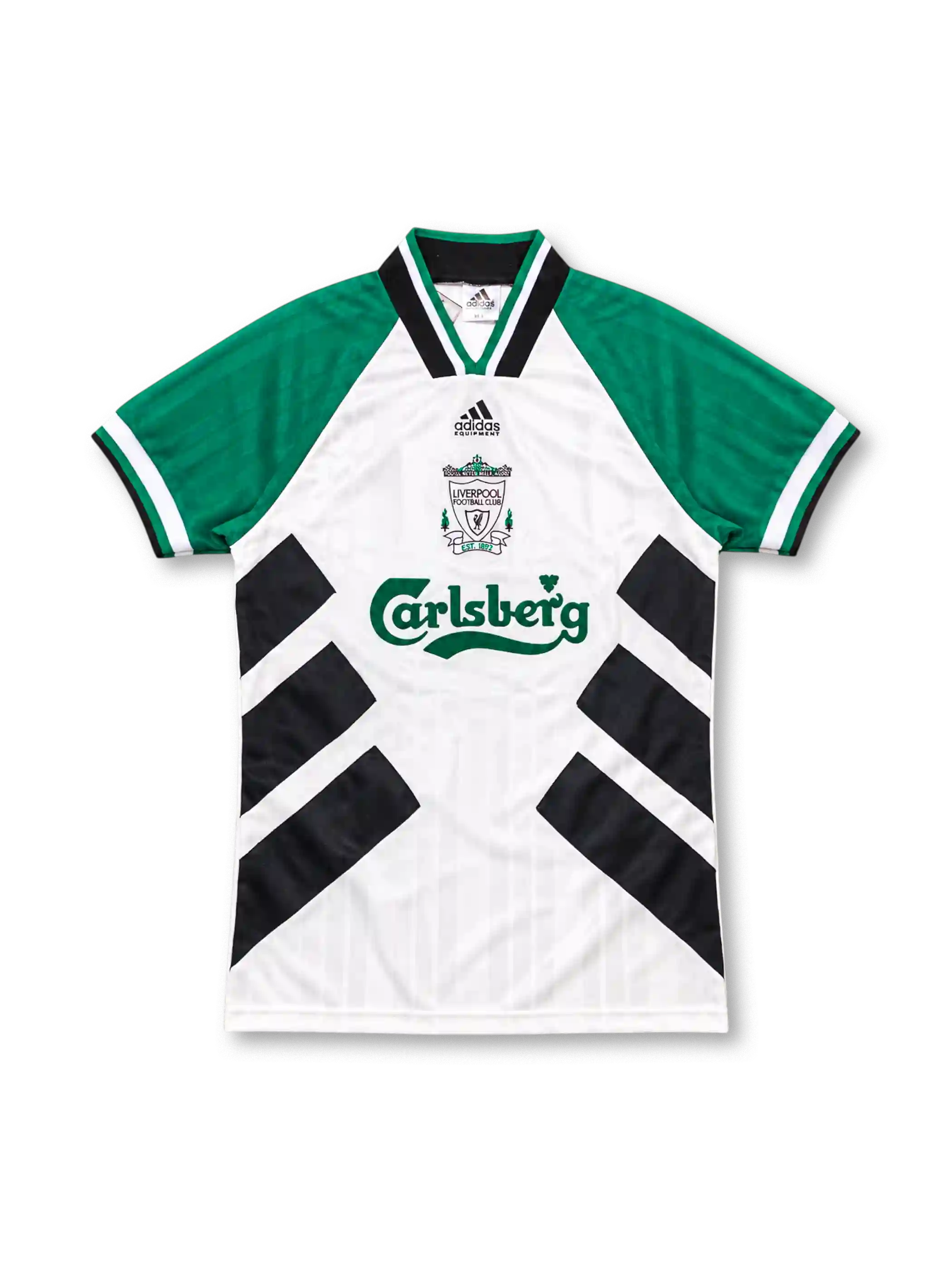 Liverpool 1993/95 away jersey featuring a white body, green sleeves, black diagonal panels, adidas Equipment logo, club crest, and green Carlsberg sponsor.