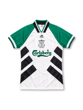 Liverpool 1993/95 away jersey featuring a white body, green sleeves, black diagonal panels, adidas Equipment logo, club crest, and green Carlsberg sponsor.