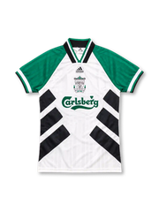 Liverpool 1993/95 away jersey featuring a white body, green sleeves, black diagonal panels, adidas Equipment logo, club crest, and green Carlsberg sponsor.