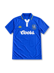 Chelsea 1995/97 royal-blue home jersey featuring a yellow Umbro logo, white Coors sponsor, club crest, and blue polo collar with yellow trim, front view.
