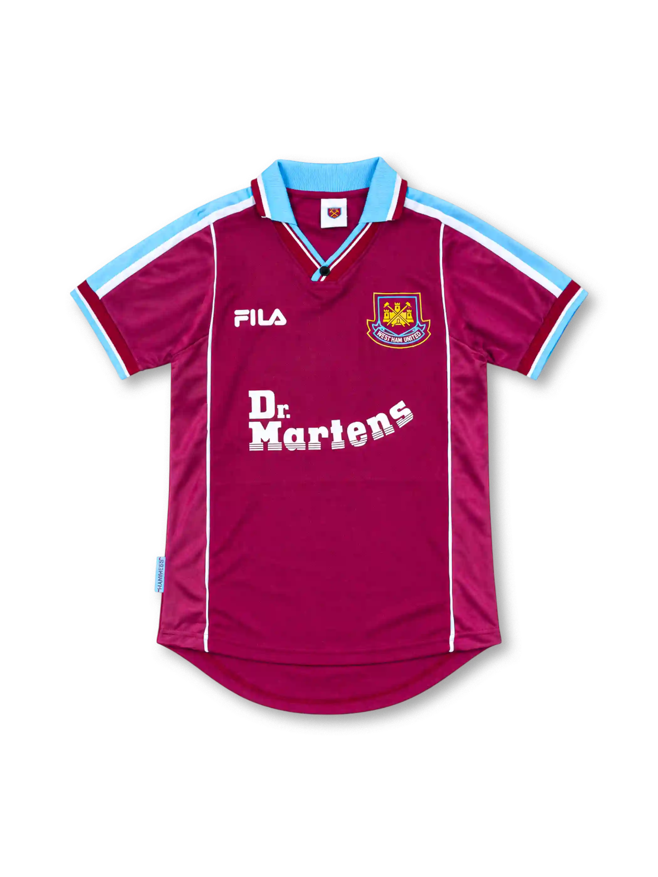 West Ham United 1999/01 claret home jersey with sky-blue shoulder stripes, FILA logo, club crest, and white Dr. Martens sponsor, front view.