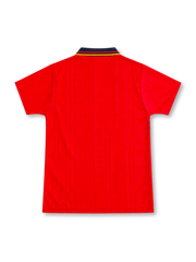 Spain 1994 red home jersey featuring adidas branding, Spanish national crest, navy-and-gold geometric side graphics, and a striped polo collar, front view.