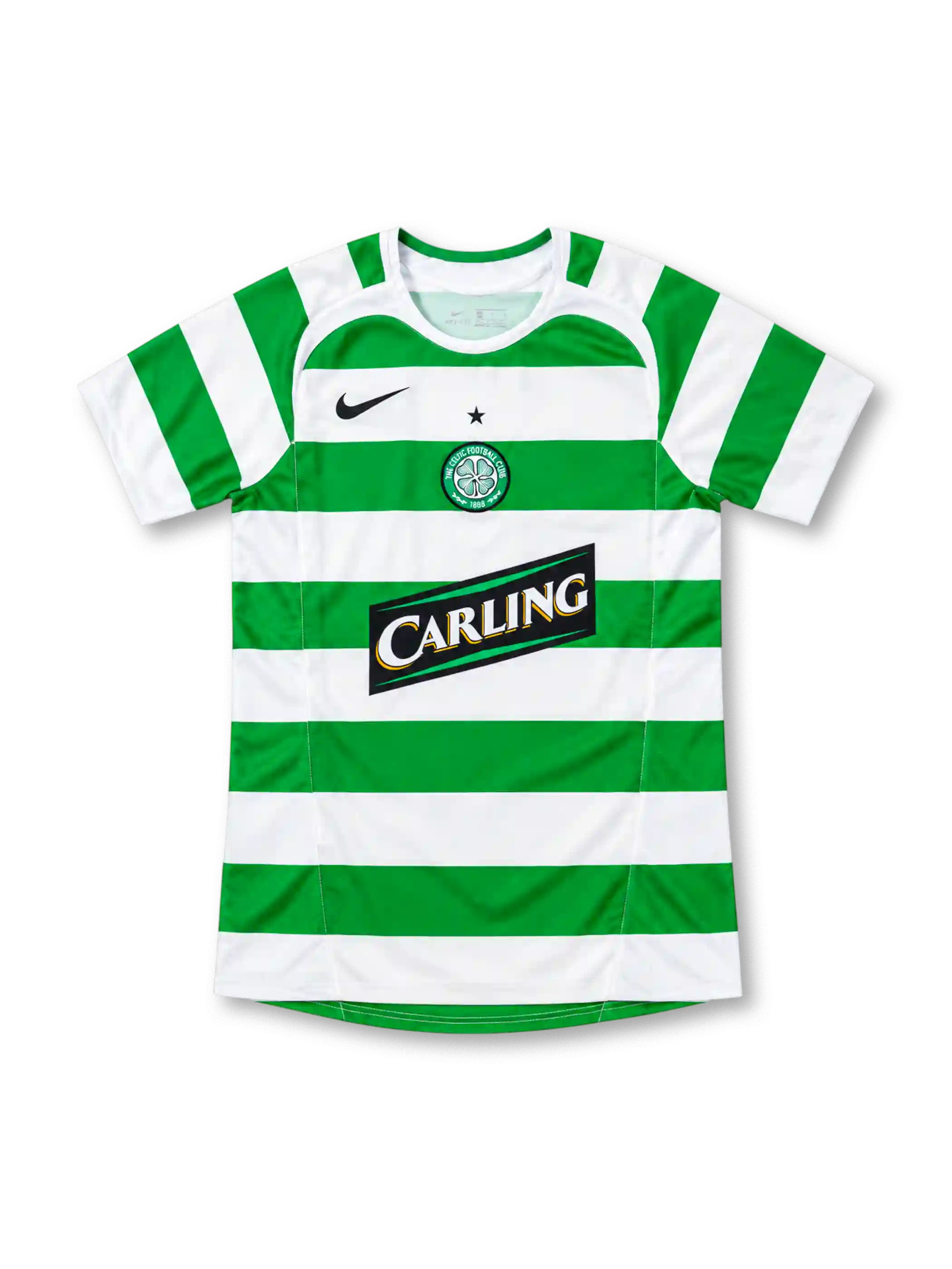 Celtic 2005/06 green-and-white hooped home jersey with black Nike Swoosh, circular club crest, and diagonal Carling sponsor, front view.