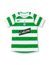 Celtic 2005/06 green-and-white hooped home jersey with black Nike Swoosh, circular club crest, and diagonal Carling sponsor, front view.