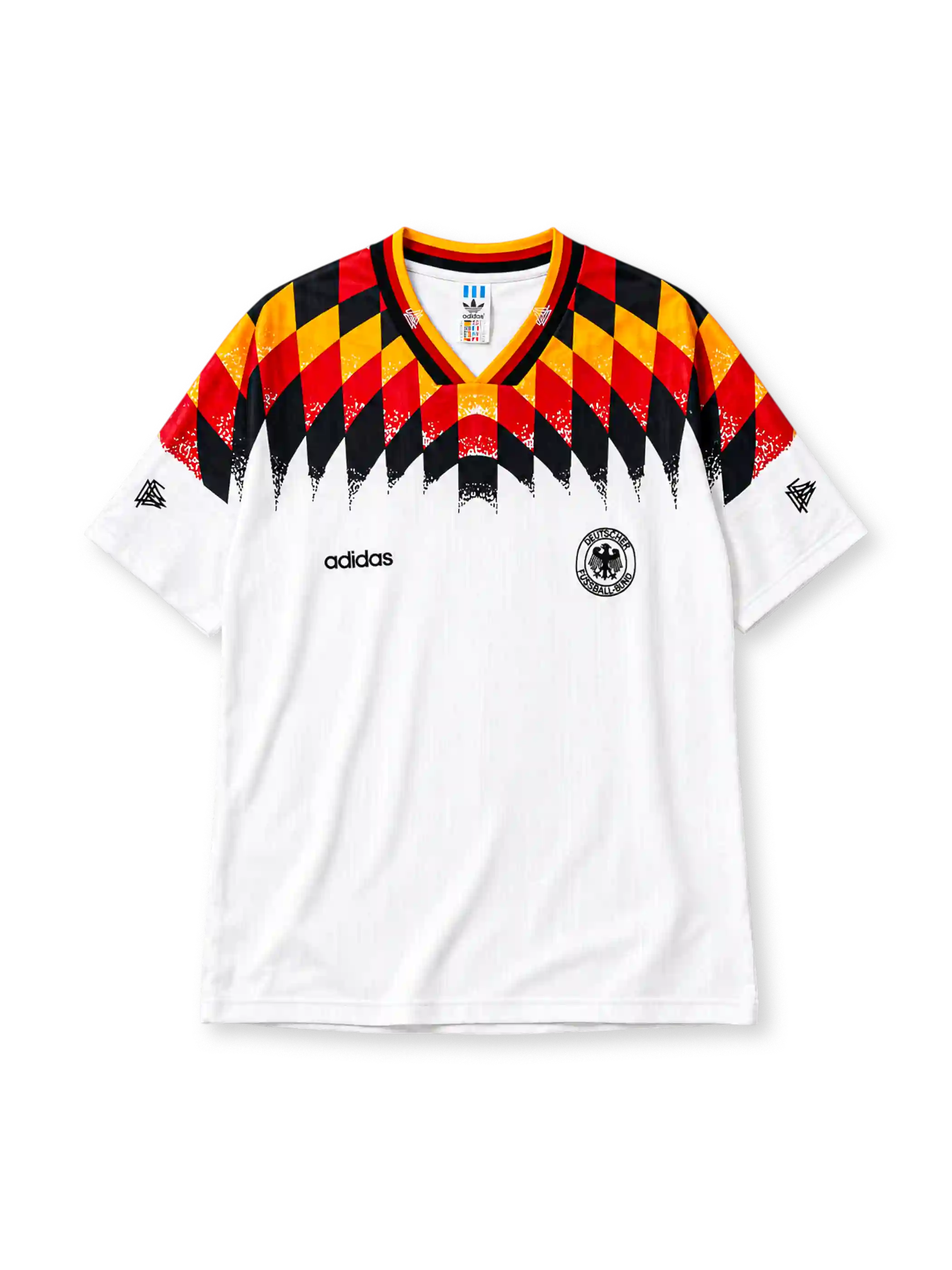 Germany 1994 World Cup home jersey with black, red, and gold diamond-pattern yoke and DFB eagle crest