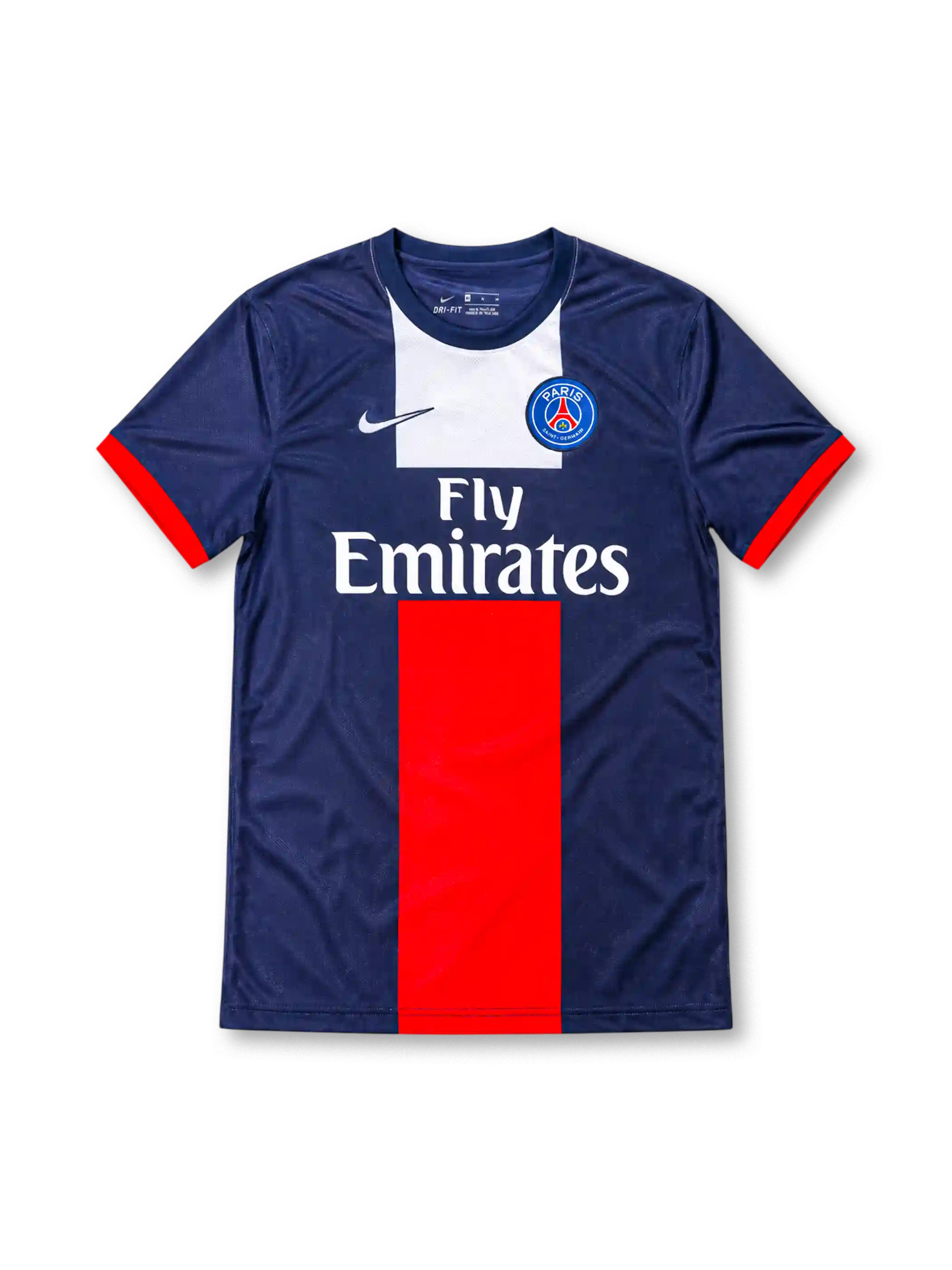 Paris Saint-Germain 2013/14 navy home jersey featuring red-and-white central panels, Nike Swoosh, PSG crest, and Fly Emirates sponsor, front view.