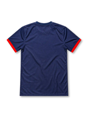 Paris Saint-Germain 2013/14 navy home jersey featuring red-and-white central panels, Nike Swoosh, PSG crest, and Fly Emirates sponsor, front view.