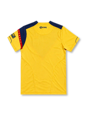 Club América 2006 yellow home jersey featuring a navy-and-red chest chevron, red Nike Swoosh, club crest, Bimbo and Coca-Cola logos, front view.