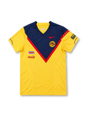 Club América 2006 yellow home jersey featuring a navy-and-red chest chevron, red Nike Swoosh, club crest, Bimbo and Coca-Cola logos, front view.