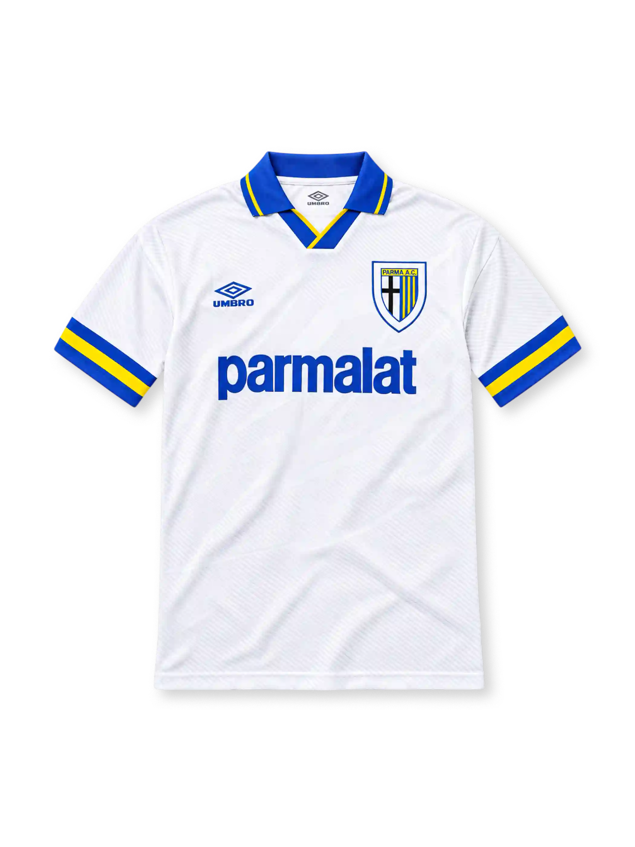Parma 1993/95 white away jersey featuring blue Umbro branding, Parma A.C. crest, blue-and-yellow collar and sleeve trim, and Parmalat sponsor, front view.
