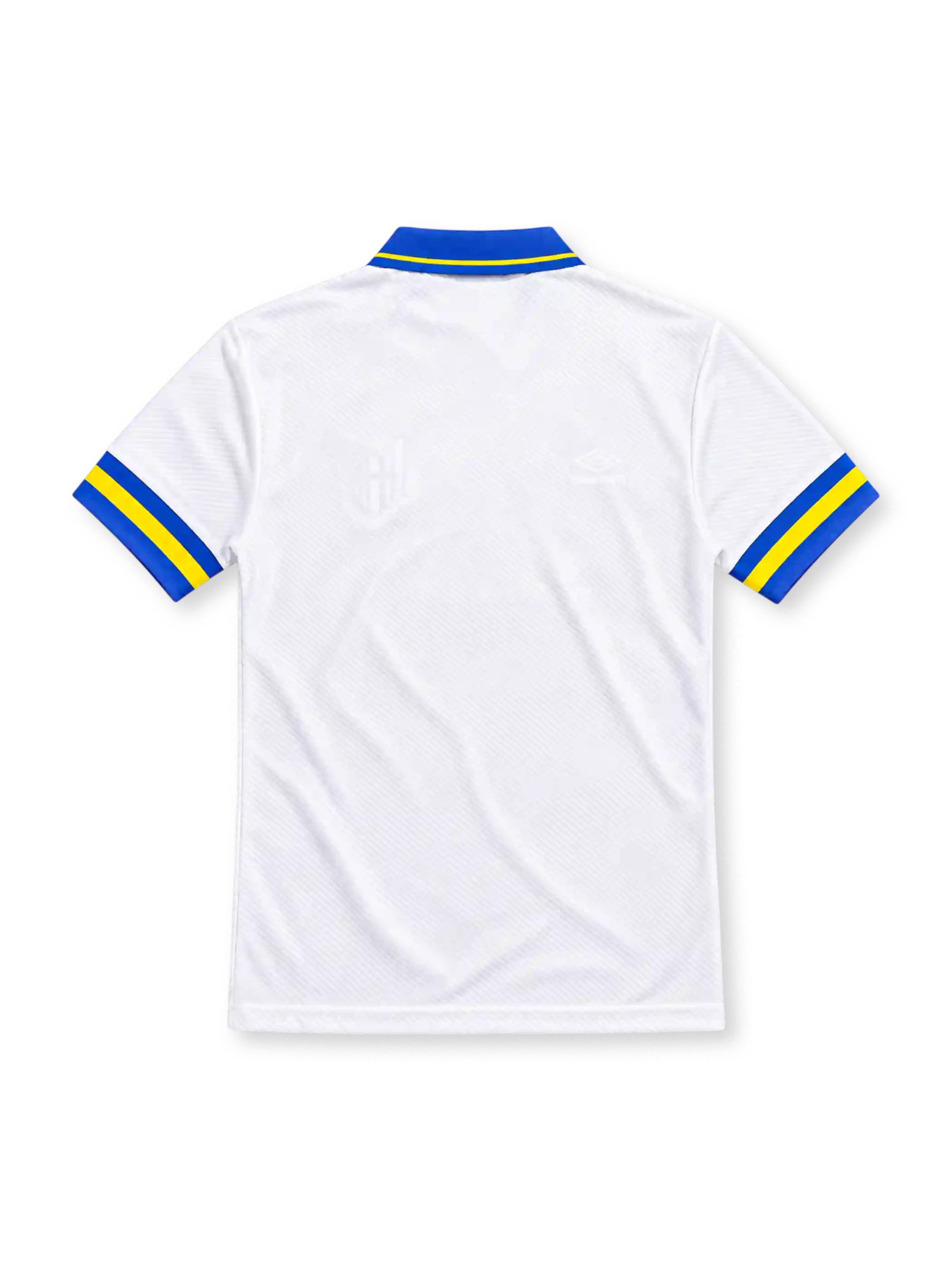 Parma 1993/95 white away jersey featuring blue Umbro branding, Parma A.C. crest, blue-and-yellow collar and sleeve trim, and Parmalat sponsor, front view.
