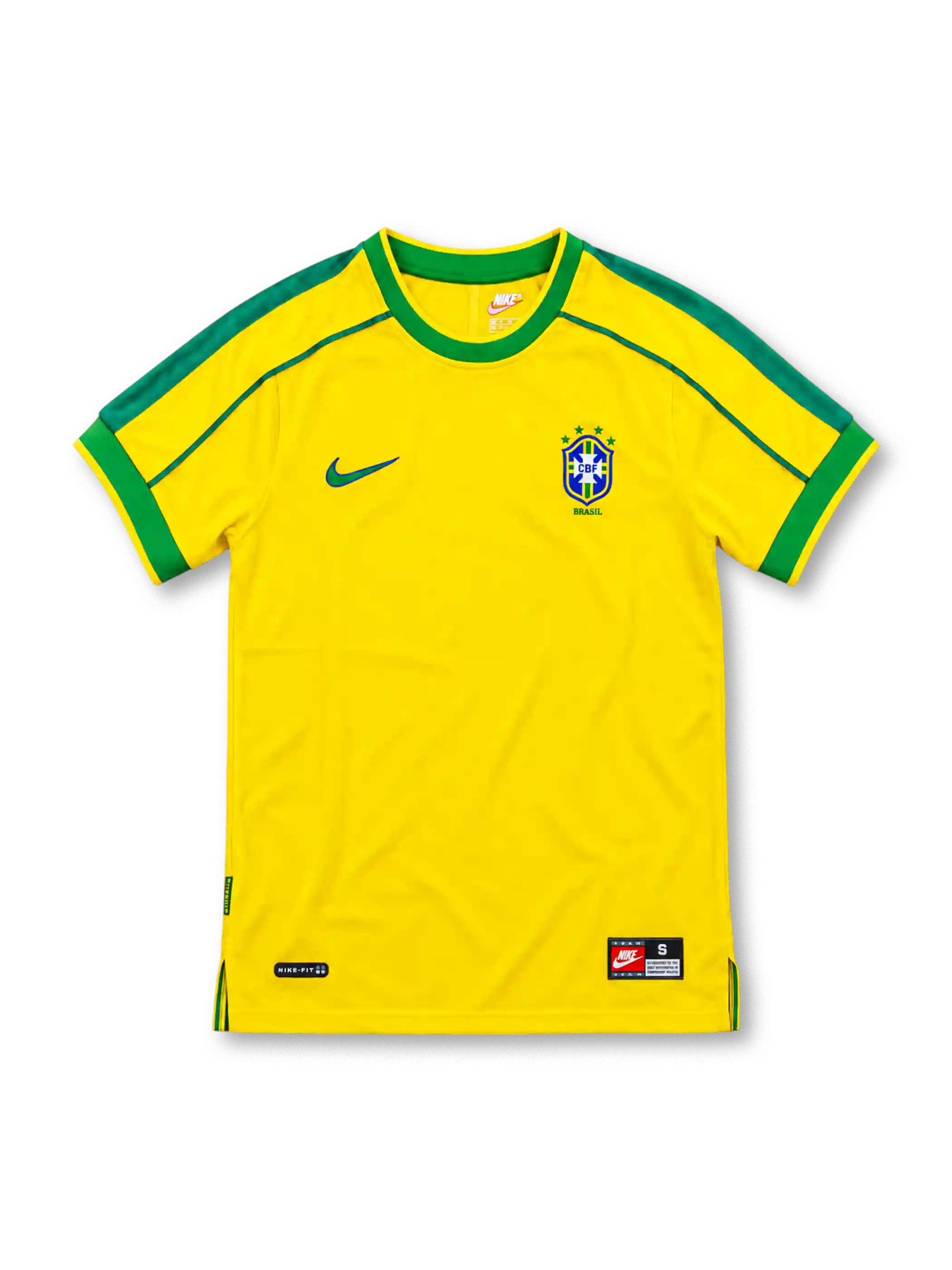 Brazil 1998 yellow home jersey featuring green collar and sleeve trim, Nike Swoosh, and CBF crest with four stars, front view.