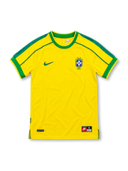 Brazil 1998 yellow home jersey featuring green collar and sleeve trim, Nike Swoosh, and CBF crest with four stars, front view.