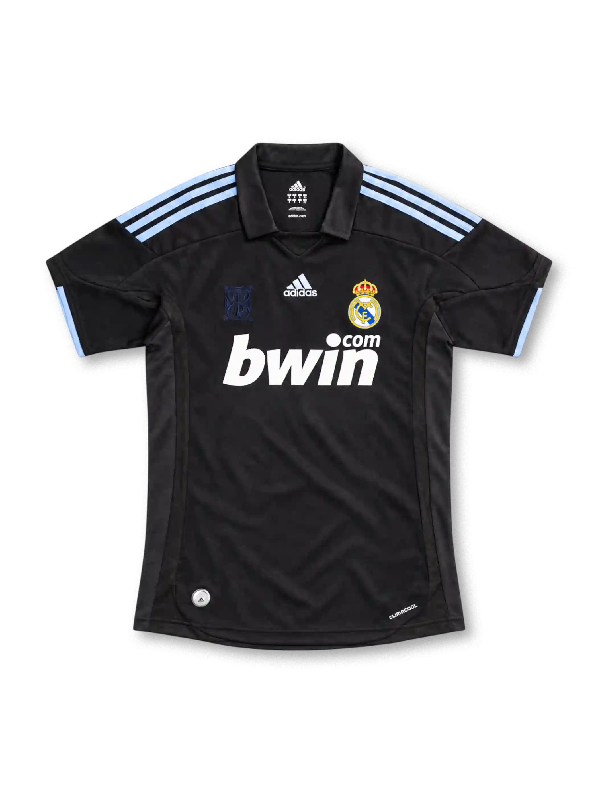 Real Madrid 2009/10 black away jersey featuring pale-blue adidas shoulder stripes, white bwin.com sponsor, and crowned club crest, front view.