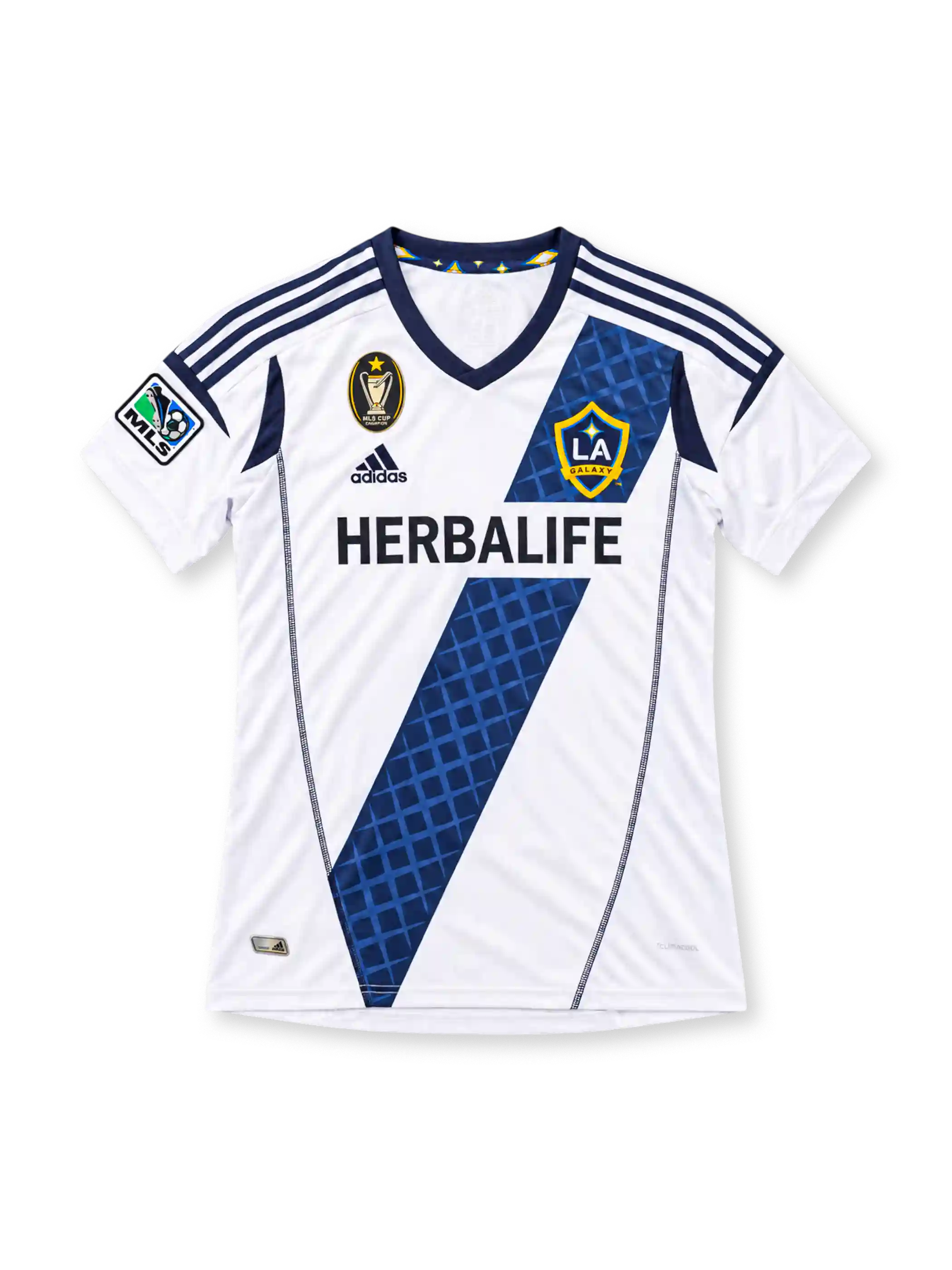 LA Galaxy 2012 white home jersey featuring a patterned navy diagonal sash, adidas logo, Herbalife sponsor, club crest, and MLS champions emblem, front view.