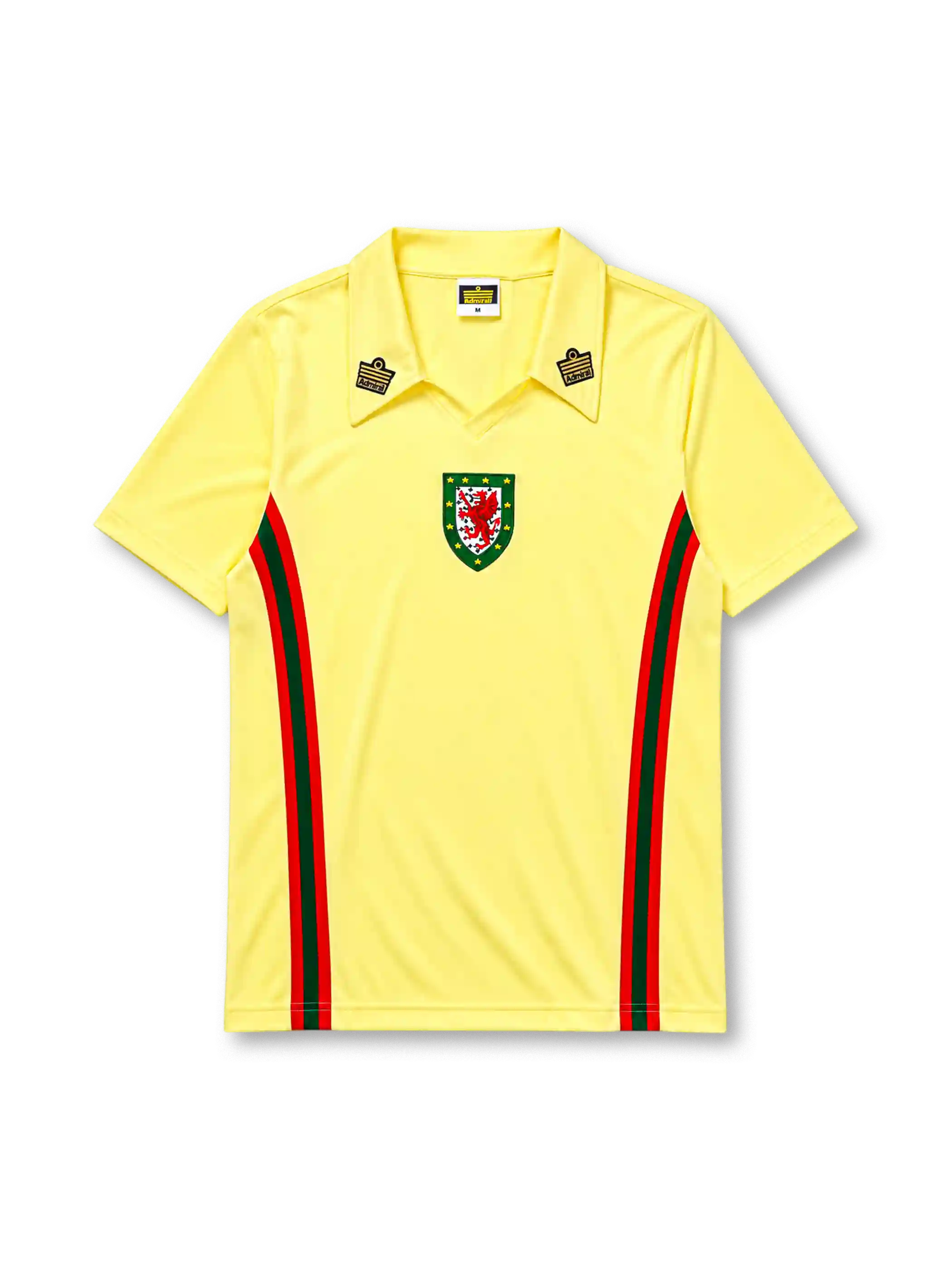 Wales 1976-79 away jersey in yellow with green and red side stripes and dual shoulder badges