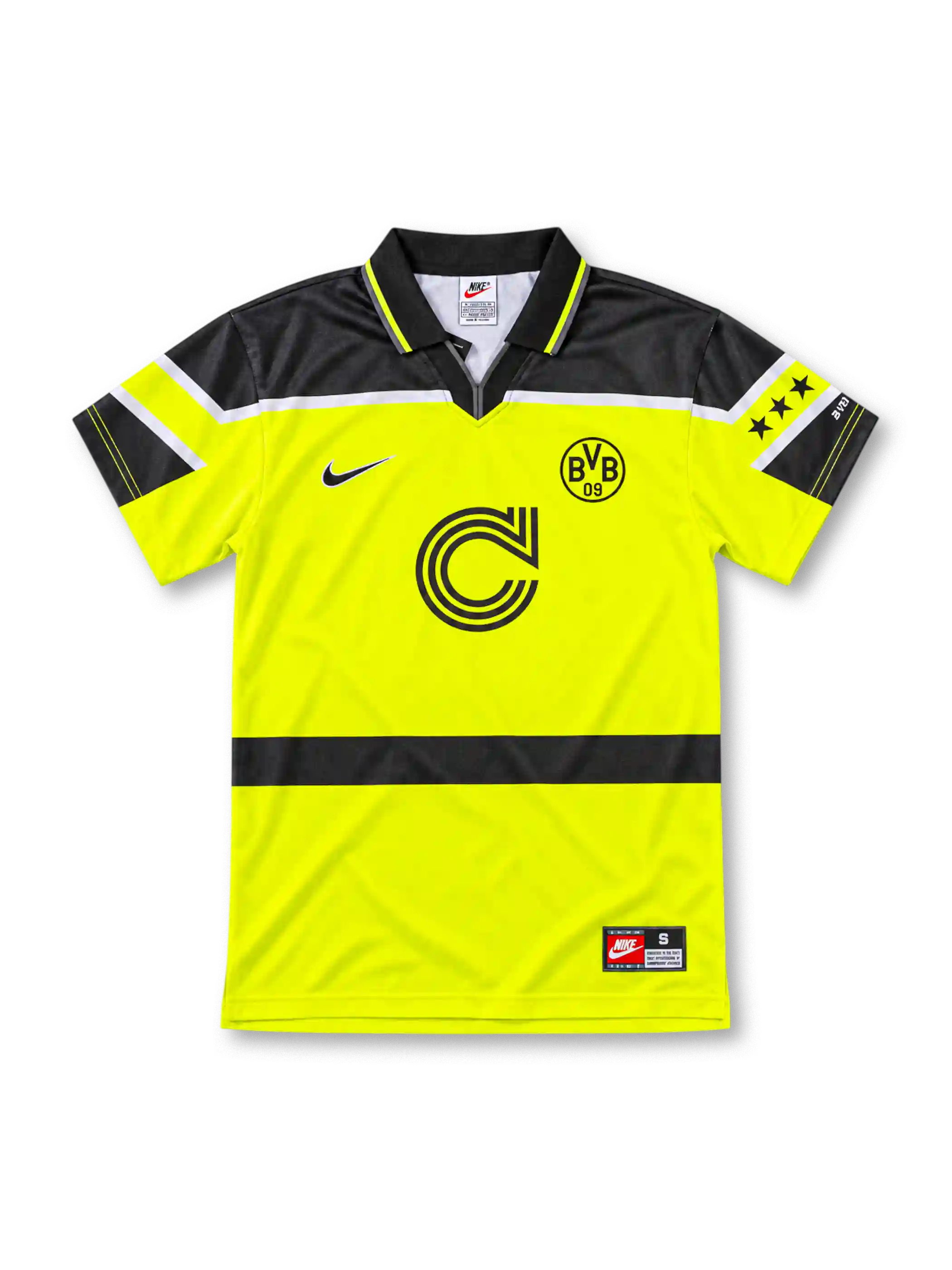 Borussia Dortmund 1996/97 Champions League home jersey in neon yellow with black shoulder panels, Nike logo, BVB 09 crest, and Continentale sponsor, front view.