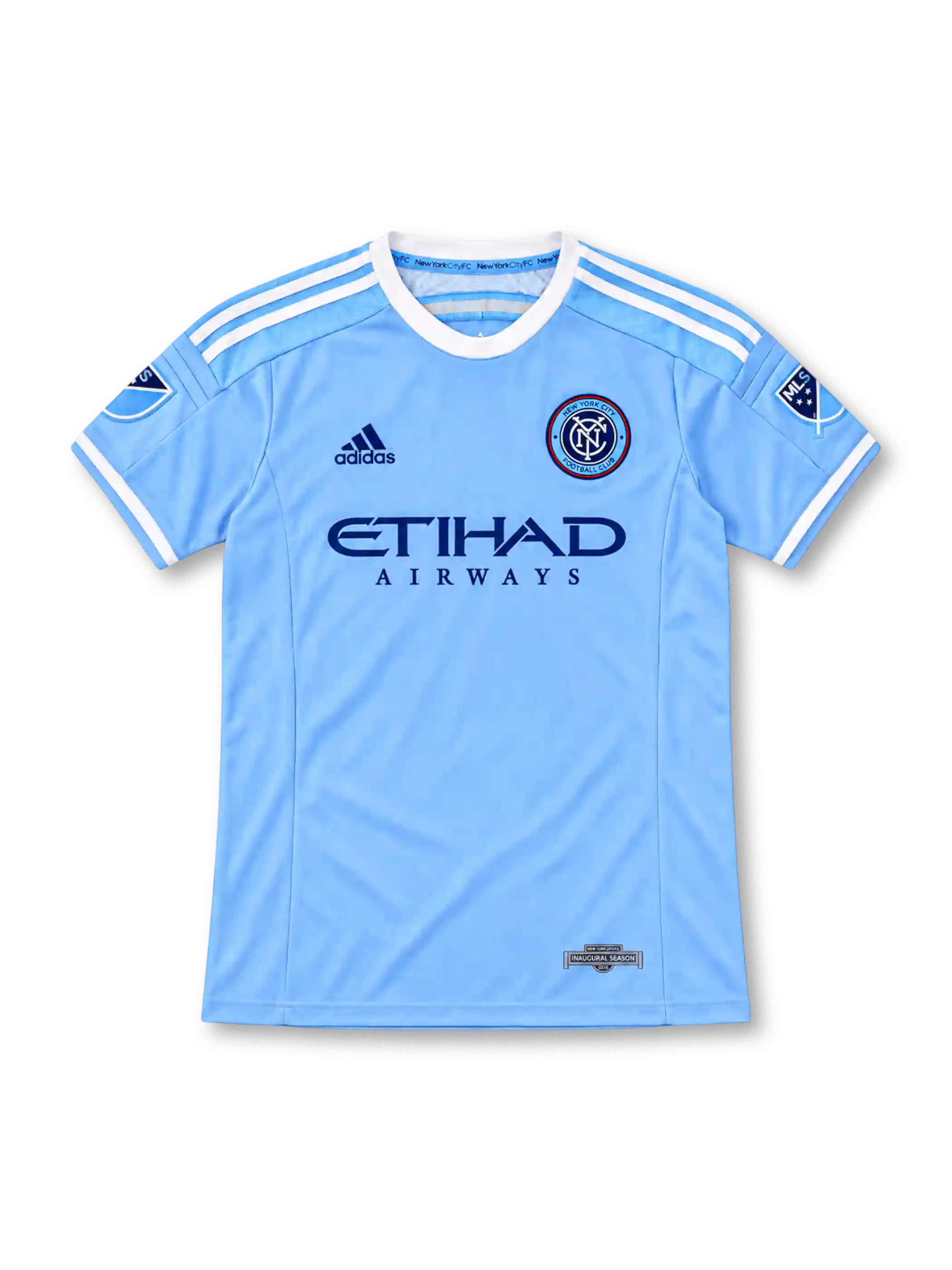 New York City FC 2015 sky-blue home jersey with white adidas shoulder stripes, Etihad Airways sponsor, NYCFC crest, MLS sleeve patches, and inaugural season label, front view.