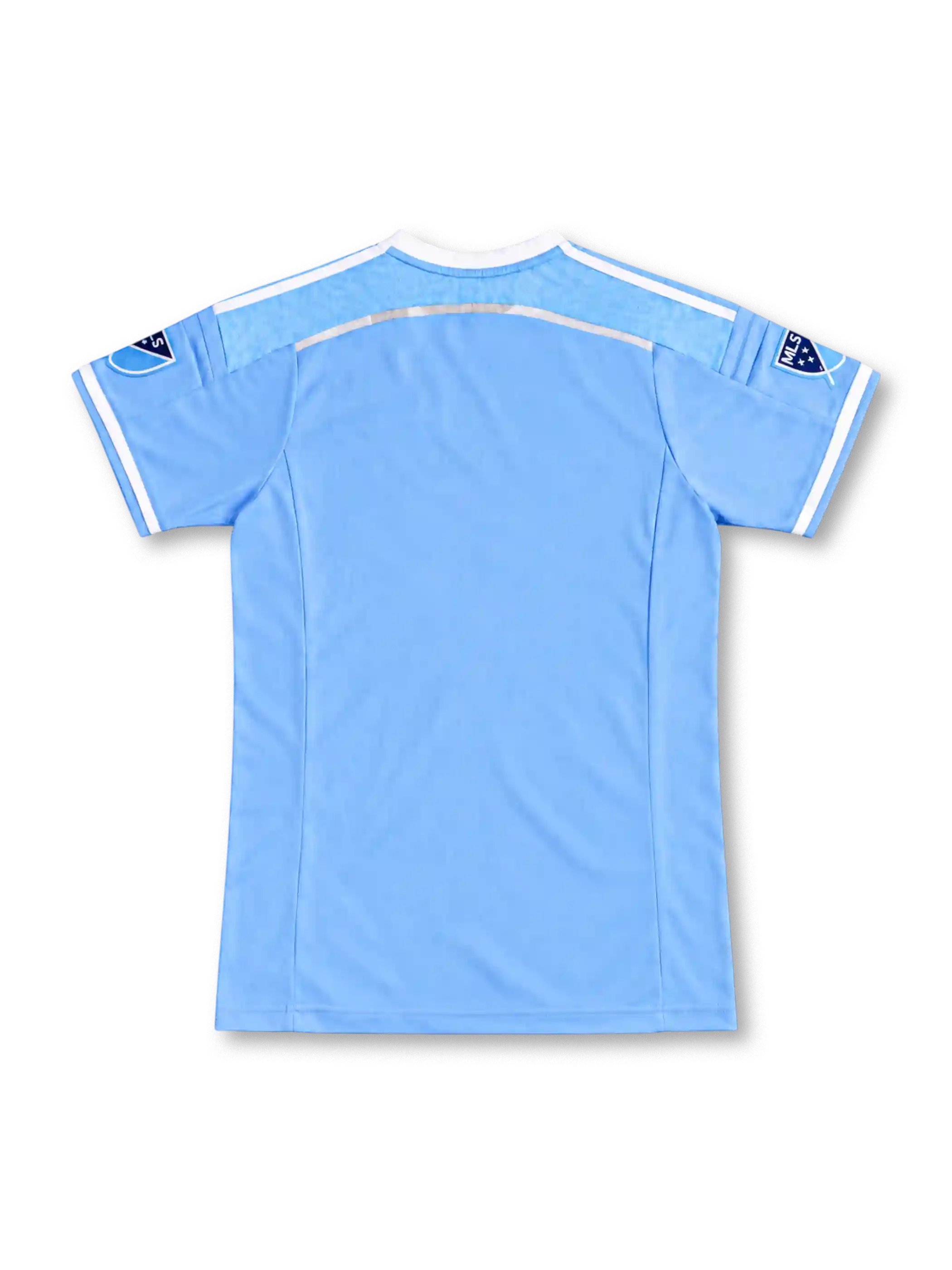 New York City FC 2015 sky-blue home jersey with white adidas shoulder stripes, Etihad Airways sponsor, NYCFC crest, MLS sleeve patches, and inaugural season label, front view.