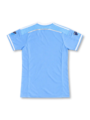 New York City FC 2015 sky-blue home jersey with white adidas shoulder stripes, Etihad Airways sponsor, NYCFC crest, MLS sleeve patches, and inaugural season label, front view.