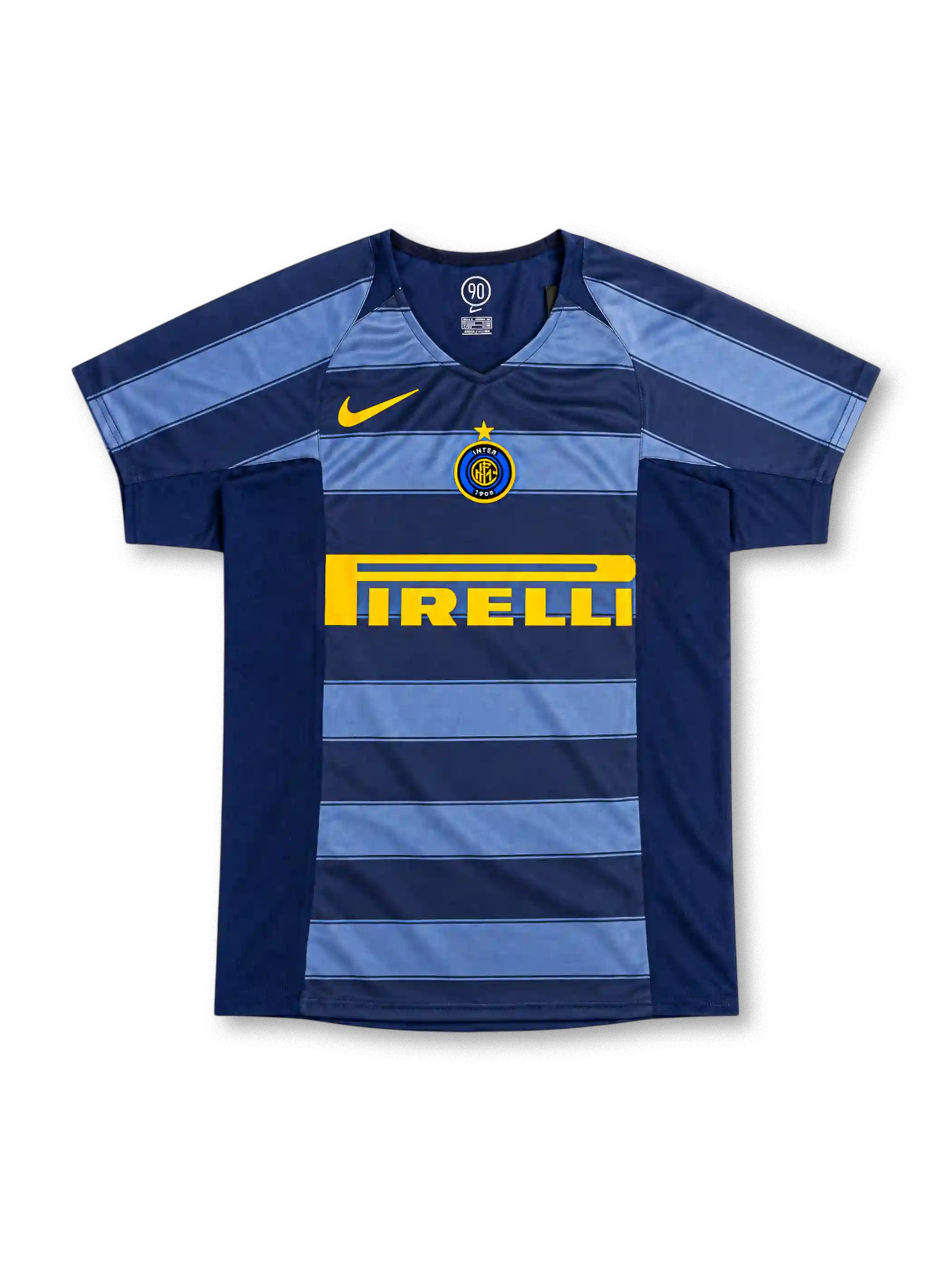 Inter Milan 2004/05 third jersey featuring navy and light blue horizontal stripes, yellow Nike Swoosh, central club crest, and Pirelli sponsor, front view.