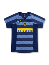 Inter Milan 2004/05 third jersey featuring navy and light blue horizontal stripes, yellow Nike Swoosh, central club crest, and Pirelli sponsor, front view.