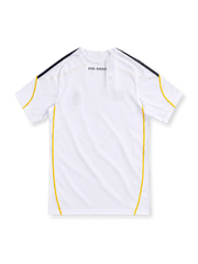 Real Madrid 2009/10 white home jersey with navy adidas stripes, gold trim, club crest and black bwin.com sponsor.