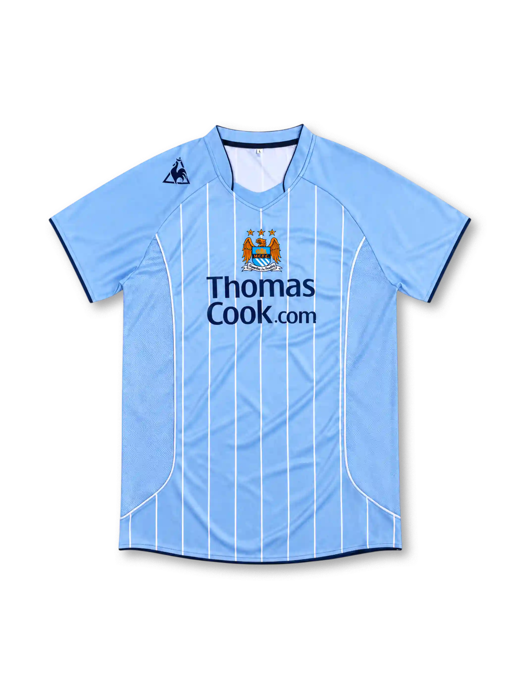 Manchester City 2007/08 sky-blue home jersey with white pinstripes, Le Coq Sportif logo, central club crest and Thomas Cook.com sponsor.
