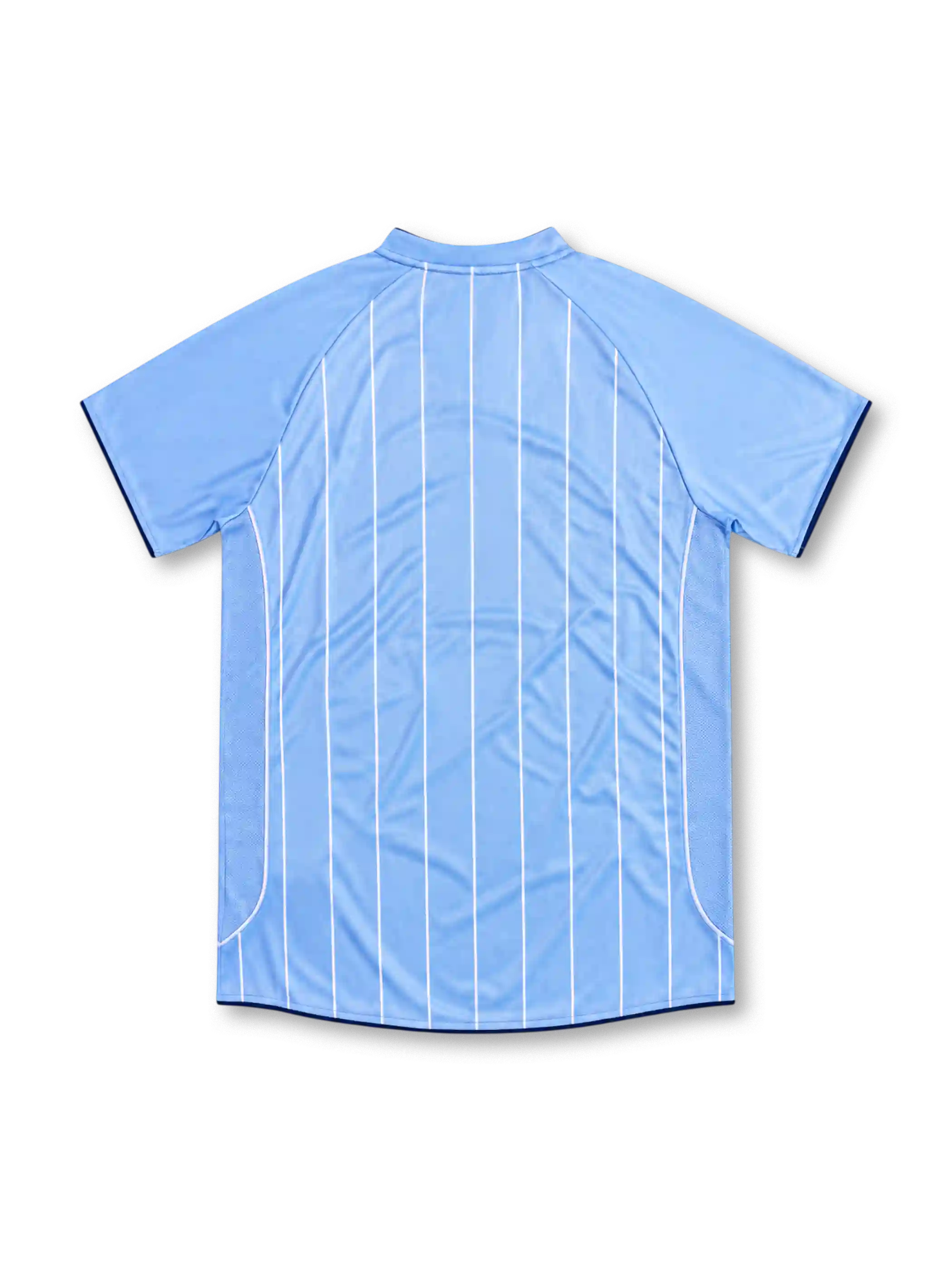 Manchester City 2007/08 sky-blue home jersey with white pinstripes, Le Coq Sportif logo, central club crest and Thomas Cook.com sponsor.