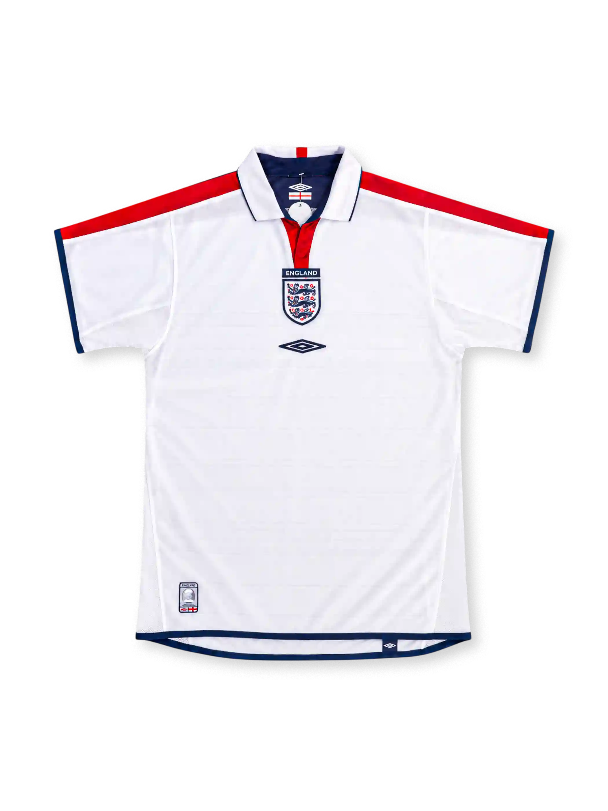 England 2004 white home jersey by Umbro with red shoulder panels, navy trim, white polo collar, central Three Lions crest and Umbro logo.